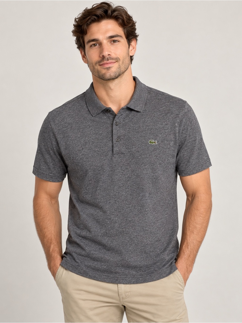 Lacoste Sport Men’s Polo Shirt Heather Gray 100% Cotton Croc Logo Size M